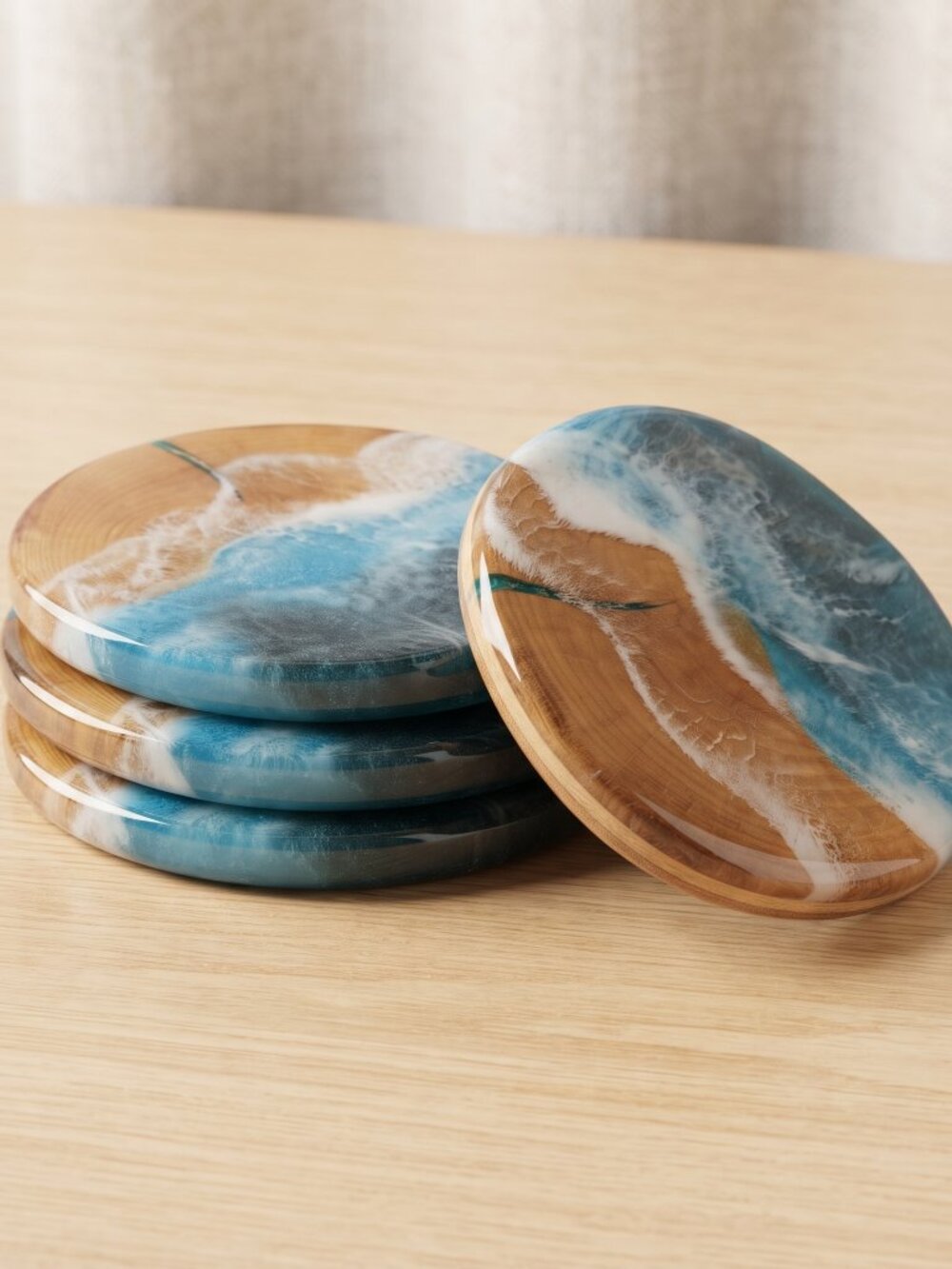 Handcrafted Wood and Resin Ocean Wave Coasters Set of 4 Artisanal Beach Decor